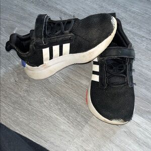 adidas Kids Black Sneakers with White Stripes and Colored Heel Accents